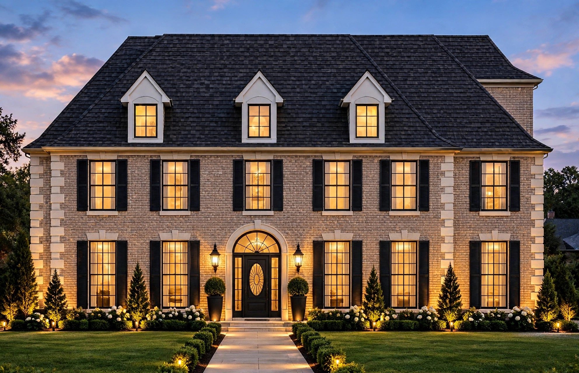 Rendering of the front elevation at dusk: a symmetrical Georgian brick façade with limestone quoins and keystones, black shutters, three dormers, and an arched entry with lanterns.