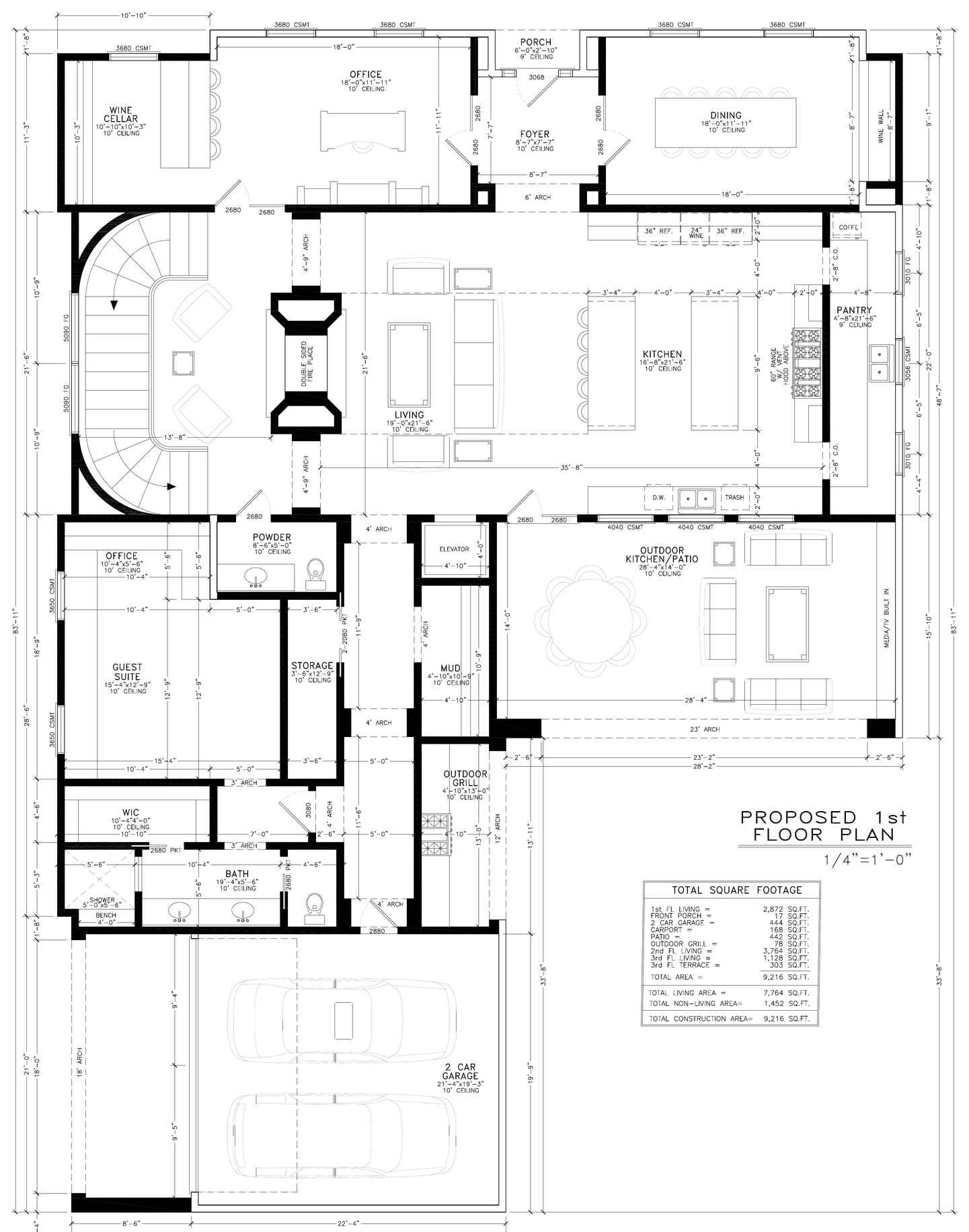 First-floor plan: foyer with dining room and office to either side, wine cellar, two-story living room with double-sided fireplace and curved stair, kitchen with two islands and pantry, guest suite with bath, second office, mud room, powder room, elevator, outdoor kitchen and patio, outdoor grill, and two-car garage with carport.