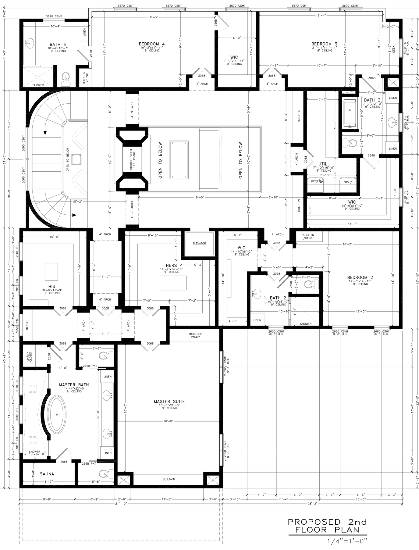Second-floor plan: primary suite with bath, sauna, and his and hers closets, three additional en suite bedrooms, laundry, and the open-to-below living room and stair.
