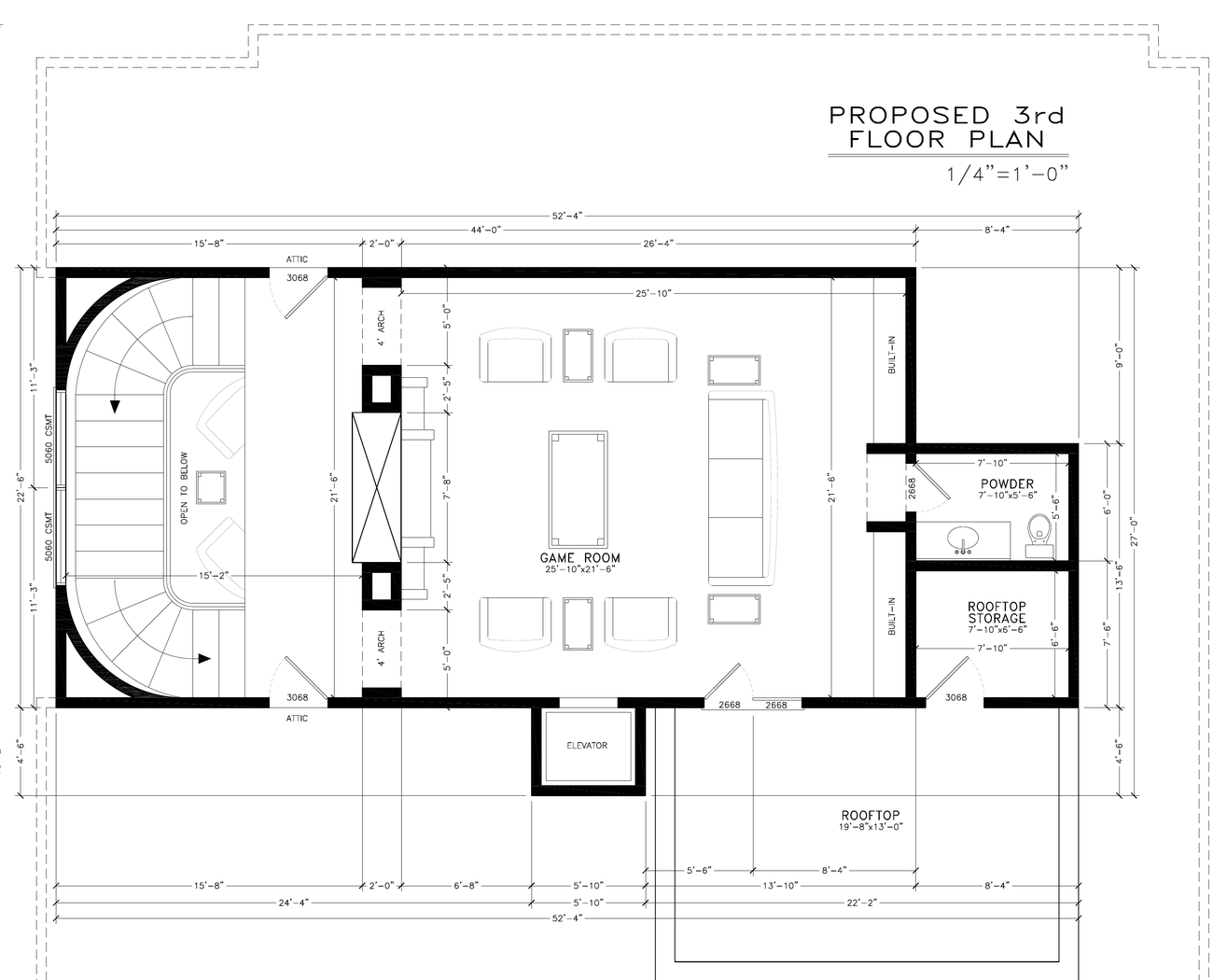 Third-floor plan: game room, powder room, rooftop storage, elevator, stair, and rooftop terrace.
