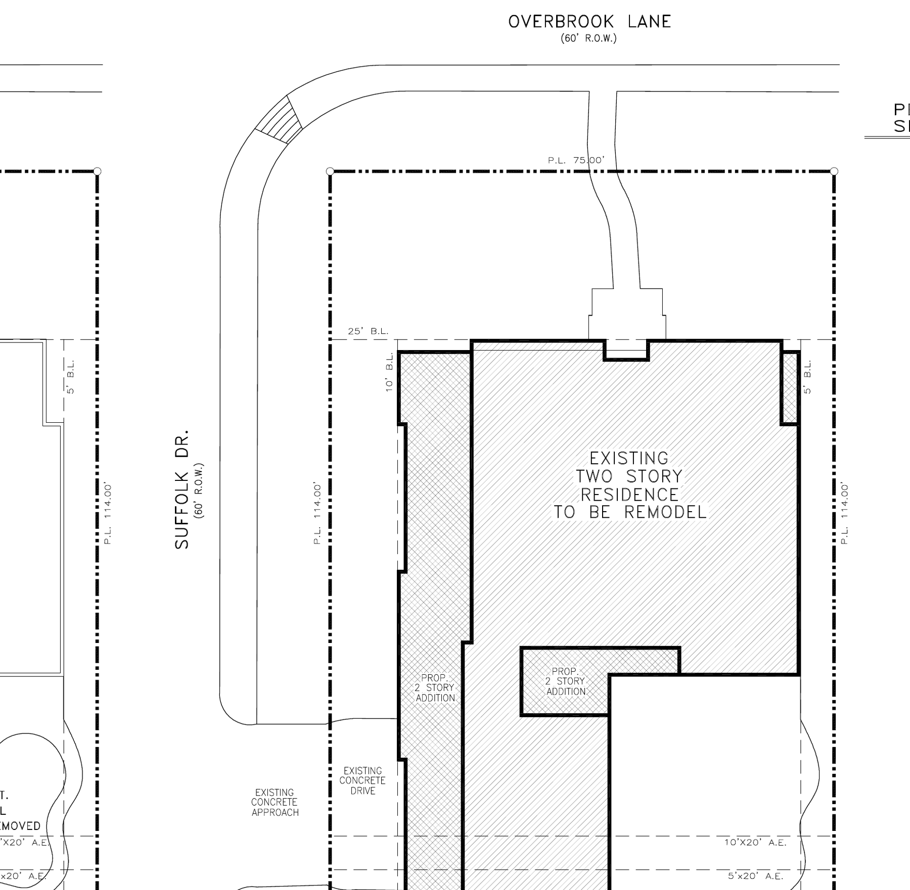 Site plan: corner lot at Overbrook Lane and Suffolk Drive, 75 by 114 feet, showing the 25-foot front building line, the 10-foot side building line on Suffolk, the existing residence to be remodeled, the two proposed two-story additions, and the existing drive from Suffolk.