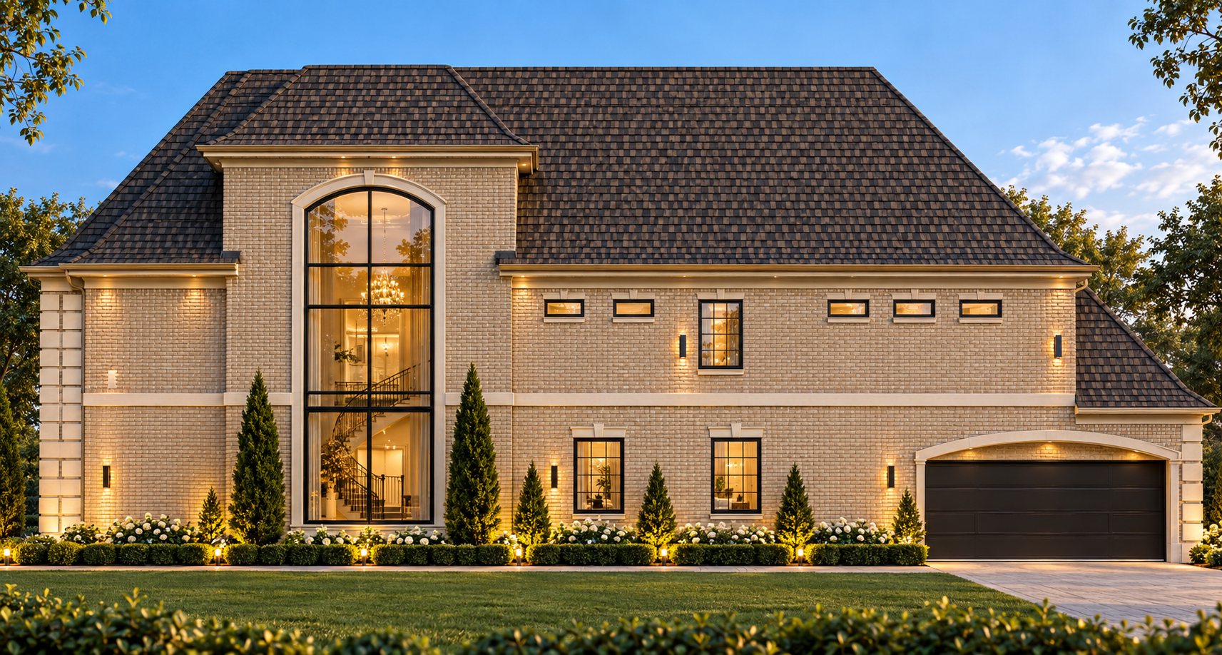 Rendering of the side elevation from Suffolk Drive at dusk: a two-story arched window lighting the curved stair, the brick wing with a band of windows, and the garage entry under a brick arch.